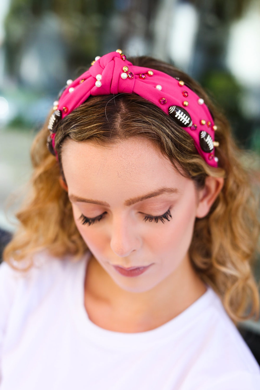 Fuchsia Stone & Gem Football Embellished Knot Headband