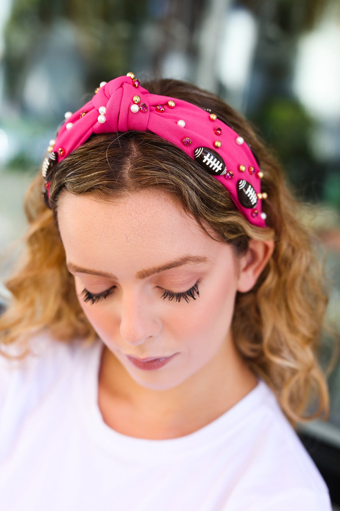 Fuchsia Stone & Gem Football Embellished Knot Headband