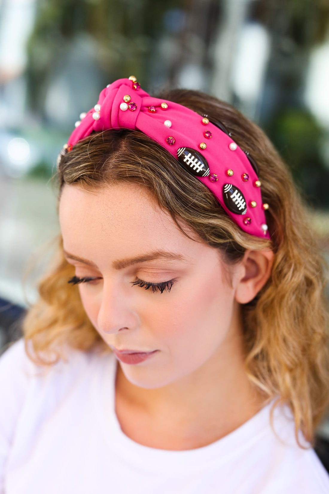 Fuchsia Stone & Gem Football Embellished Knot Headband