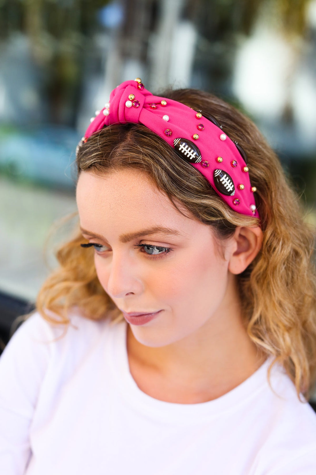 Fuchsia Stone & Gem Football Embellished Knot Headband