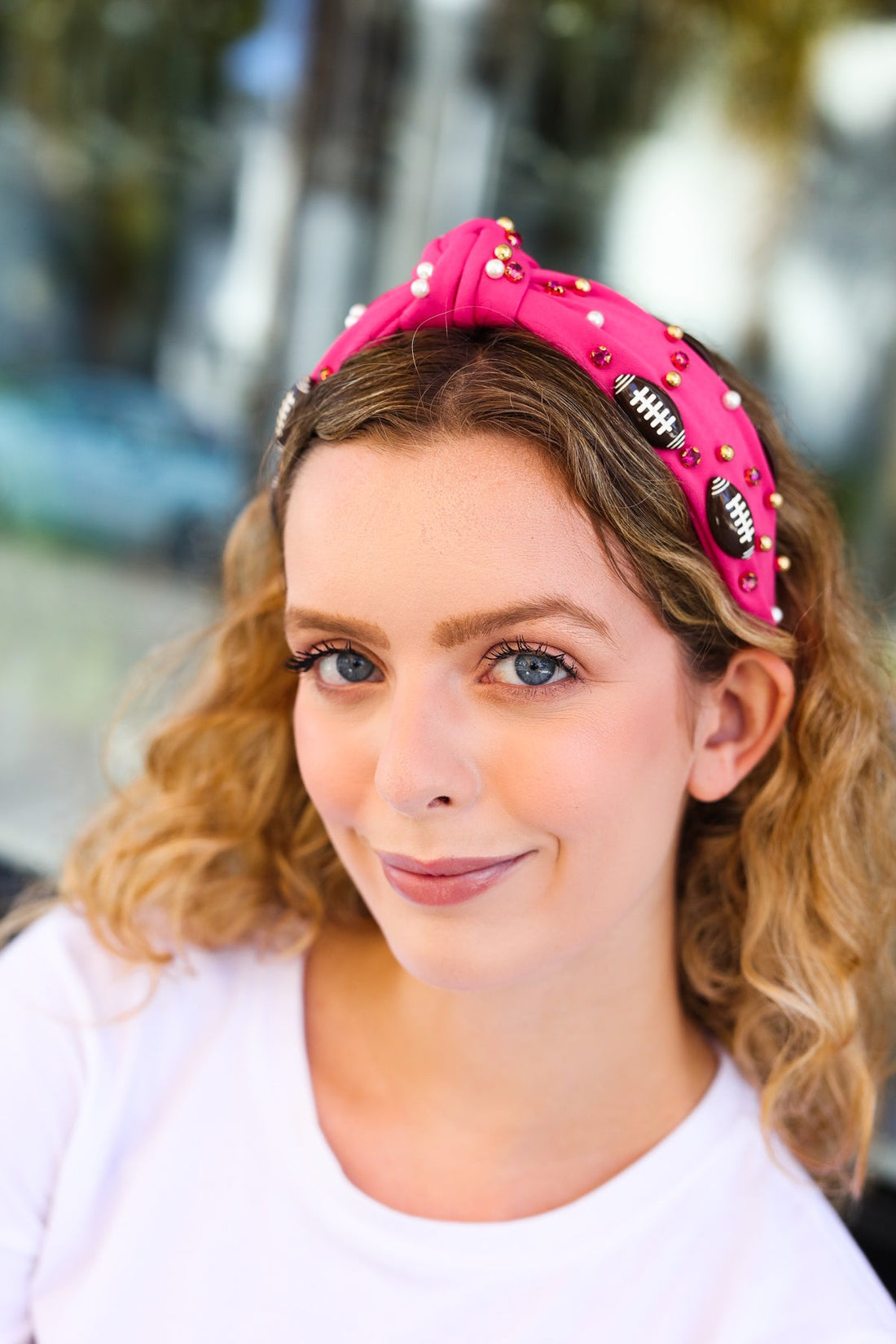 Fuchsia Stone & Gem Football Embellished Knot Headband